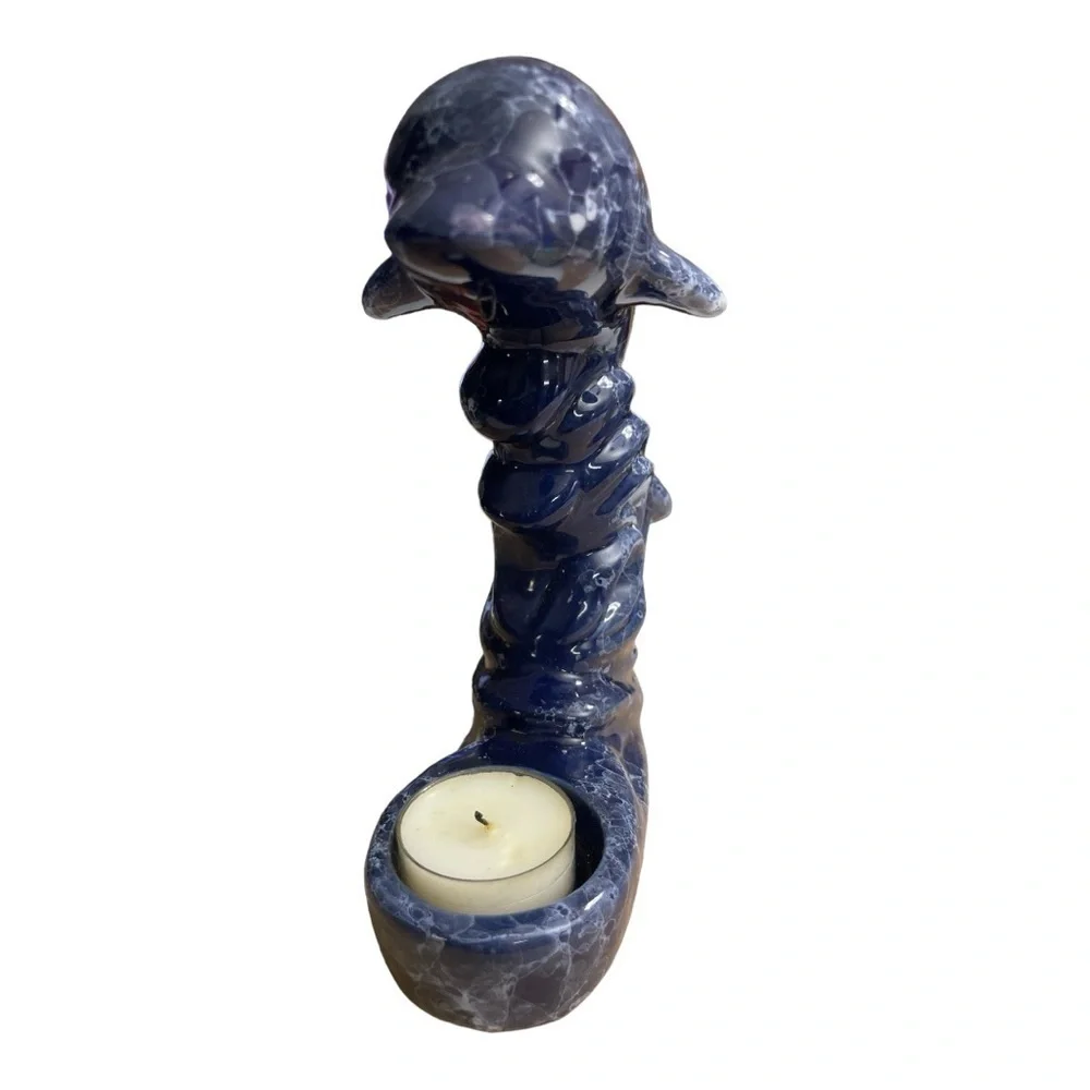 COBALT BLUE CERAMIC DOLPHIN FIGURINE  TEA LIGHT CANDLE HOLDER